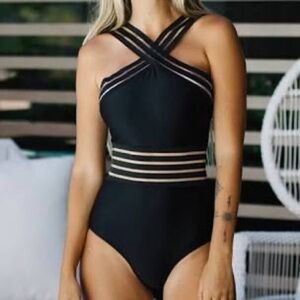 Hilor Black One Piece Crossover Tummy Control Swimsuit